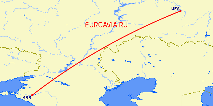 перелет Краснодар — Уфа на карте