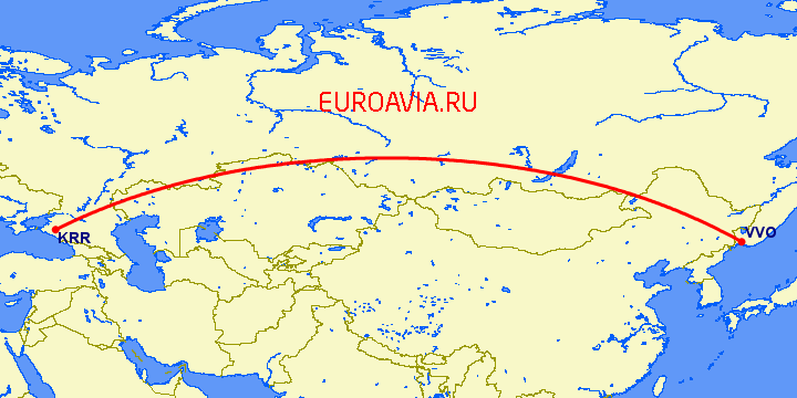 перелет Краснодар — Владивосток на карте