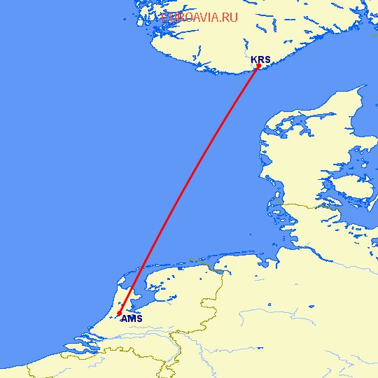 перелет Кристиансанн — Амстердам на карте