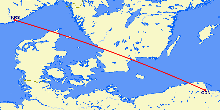 перелет Кристиансанн — Гданьск на карте