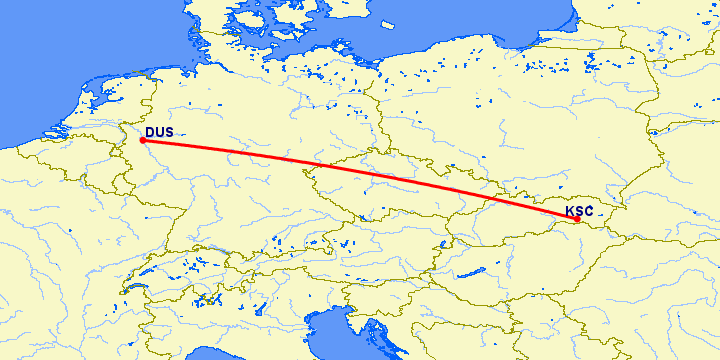 перелет Кошице — Дюссельдорф на карте