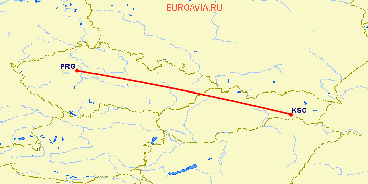 перелет Кошице — Прага на карте