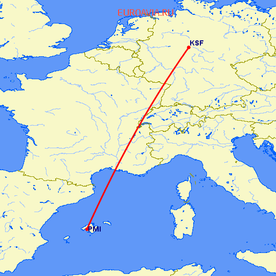 перелет Кассель — Пальма де Майорка на карте