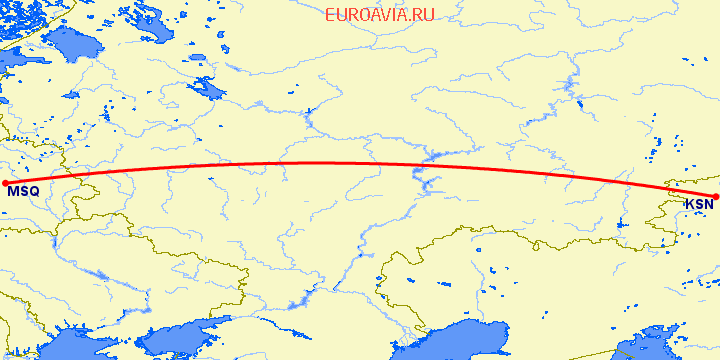 перелет Кустанай — Минск на карте
