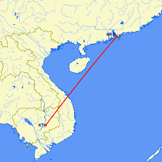 перелет Кратье — Гонконг на карте