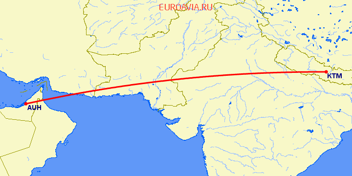 перелет Катманду — Абу Даби на карте