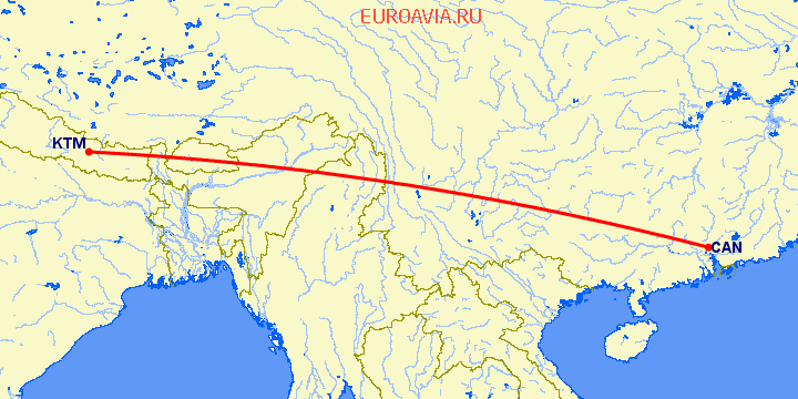 перелет Катманду — Гуанчжоу на карте