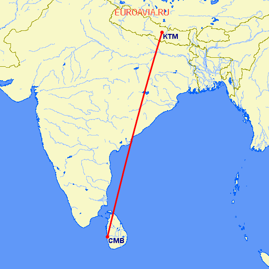 перелет Катманду — Коломбо на карте