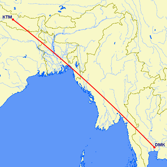 перелет Катманду — Бангкок на карте