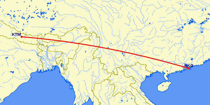 перелет Катманду — Гонконг на карте