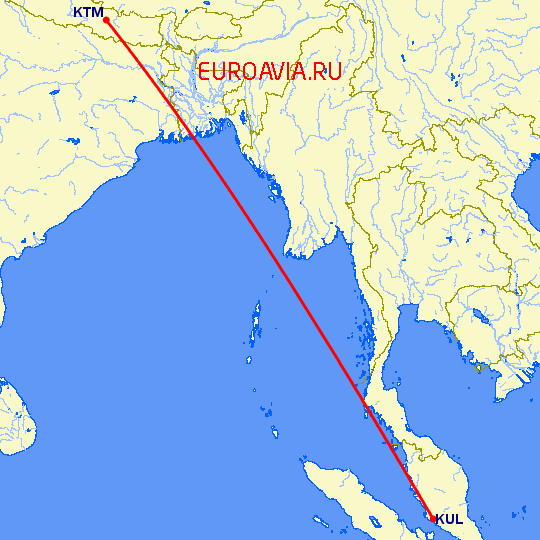 перелет Катманду — Куала Лумпур на карте