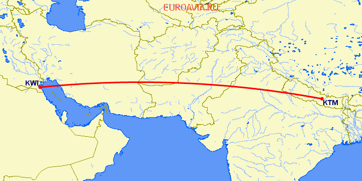 перелет Катманду — Кувейт на карте