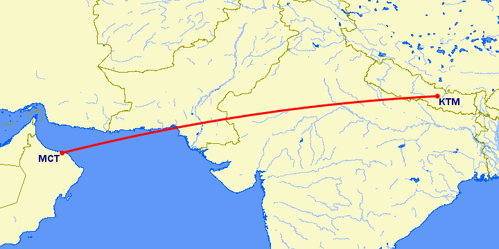 перелет Катманду — Маскат на карте