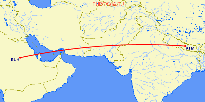 перелет Катманду — Эр Рияд на карте