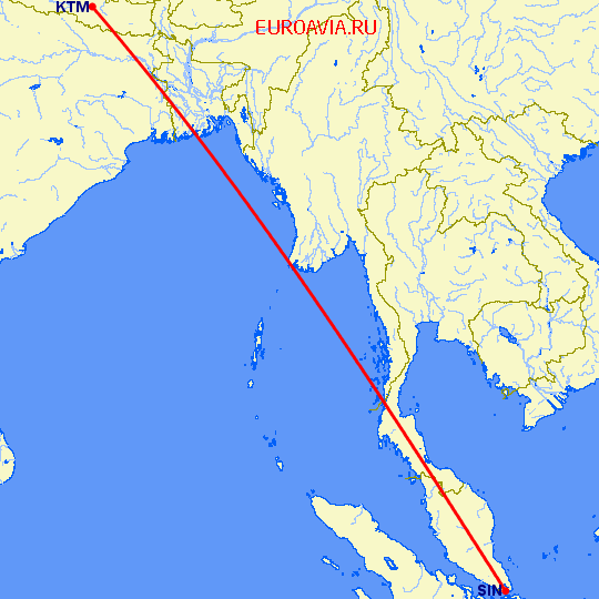 перелет Катманду — Сингапур на карте