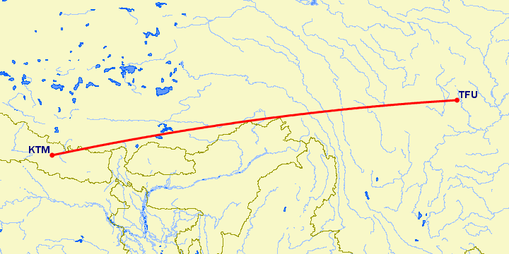 перелет Катманду — Чэнду Тяньфу на карте