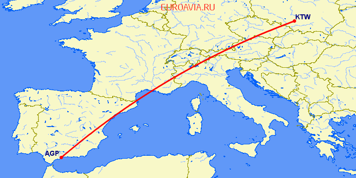 перелет Катовице — Малага на карте