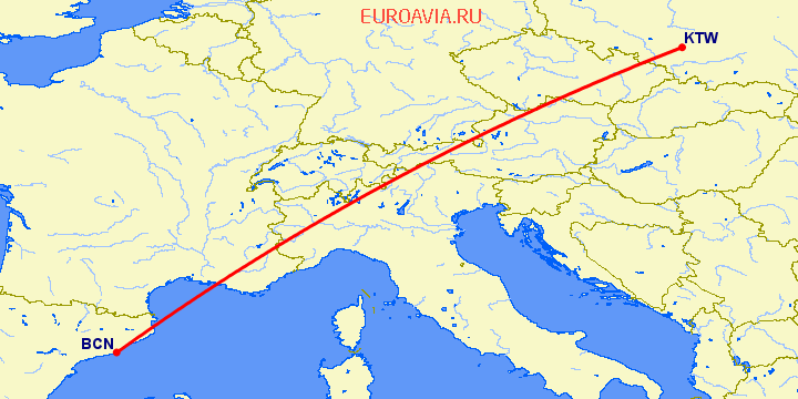 перелет Катовице — Барселона на карте