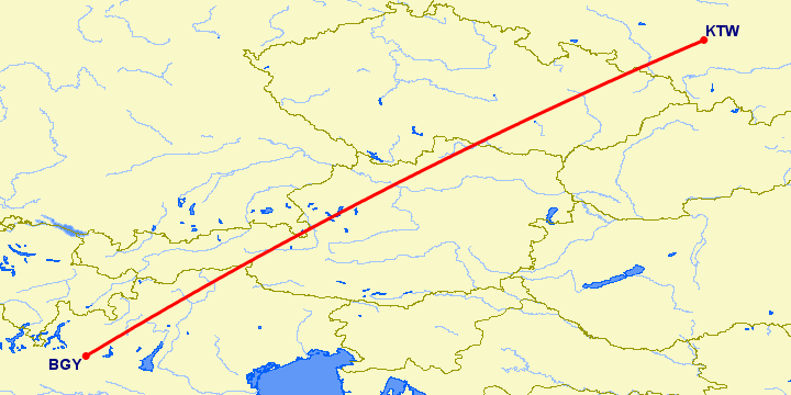 перелет Катовице — Бергамо на карте