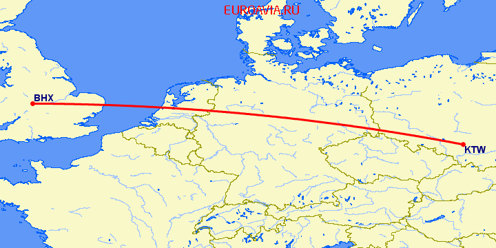 перелет Катовице — Бирмингем на карте