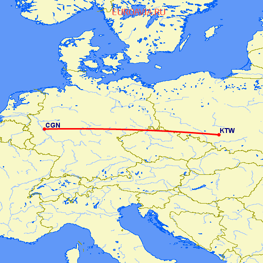 перелет Катовице — Кельн на карте