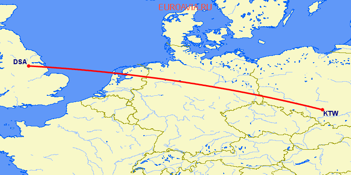 перелет Катовице — Донкастер Шеффилд на карте