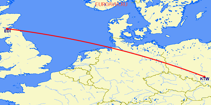 перелет Катовице — Эдинбург на карте