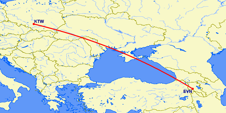 перелет Катовице — Ереван на карте