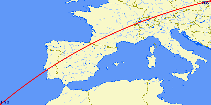 перелет Катовице — Фуншал  на карте
