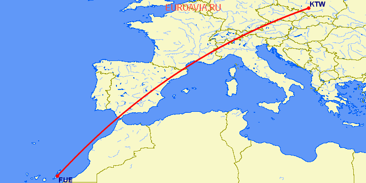 перелет Катовице — Пуэрто дель Росарио на карте