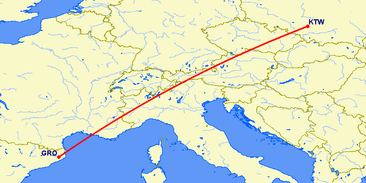 перелет Катовице — Жирона на карте