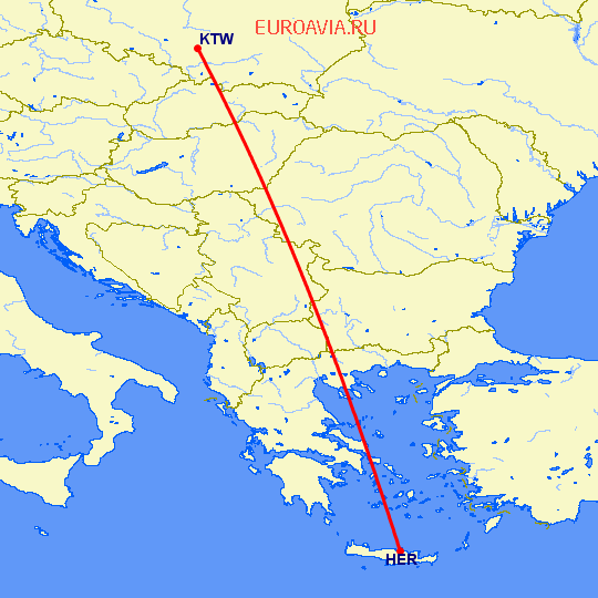 перелет Катовице — Ираклион на карте