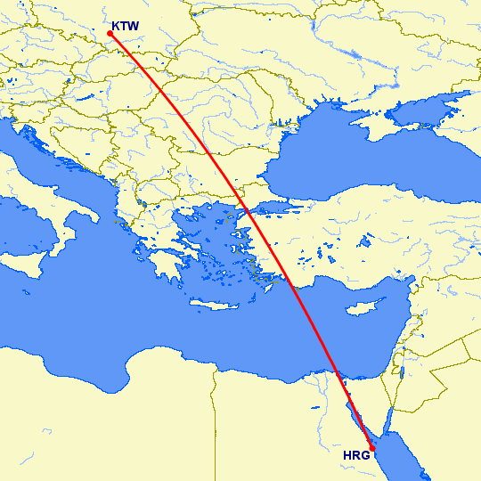 перелет Катовице — Хургада на карте
