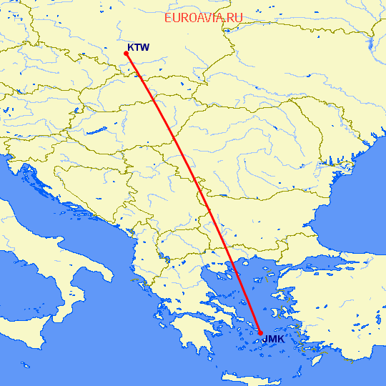 перелет Катовице — Миконос на карте