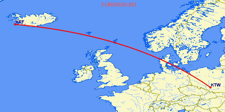 перелет Катовице — Рейкьявик на карте