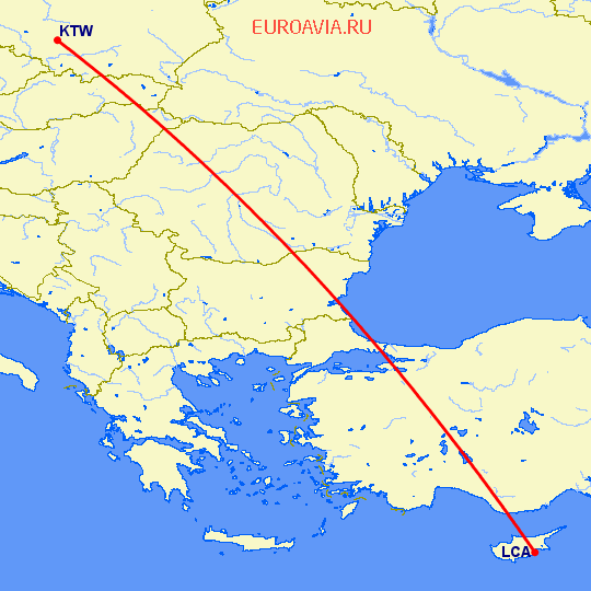 перелет Катовице — Ларнака на карте