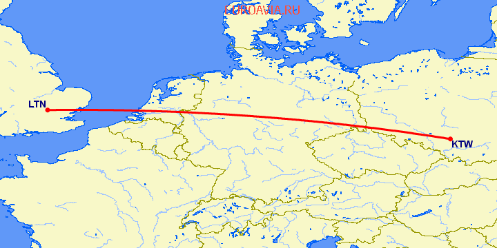 перелет Катовице — Luton на карте