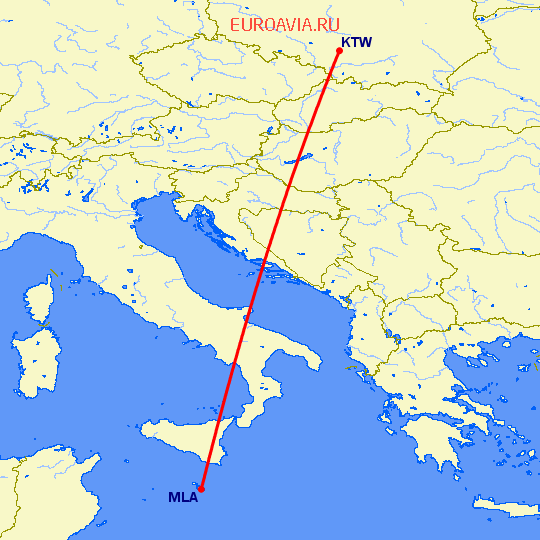 перелет Катовице — Мальта на карте