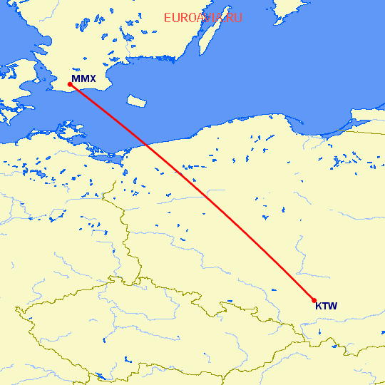 перелет Катовице — Малмо на карте
