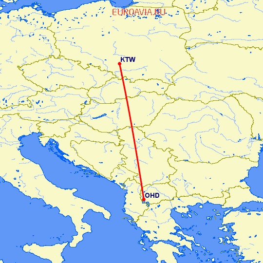 перелет Катовице — Охрид на карте