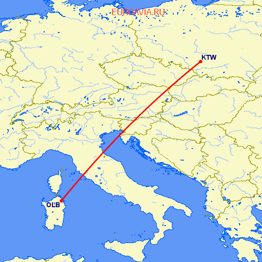 перелет Катовице — Costa Smeralda на карте
