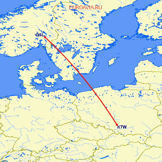 перелет Катовице — Осло на карте