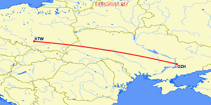 перелет Катовице — Запорожье на карте