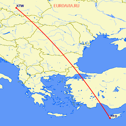 перелет Катовице — Пафос на карте