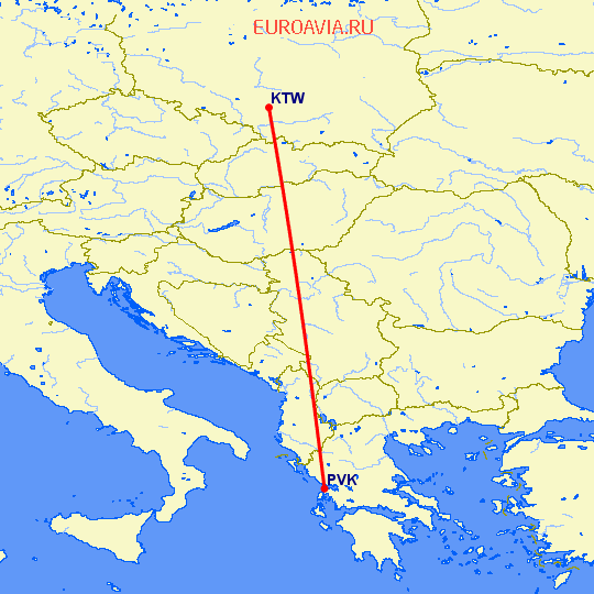 перелет Катовице — Превеза Лефка на карте
