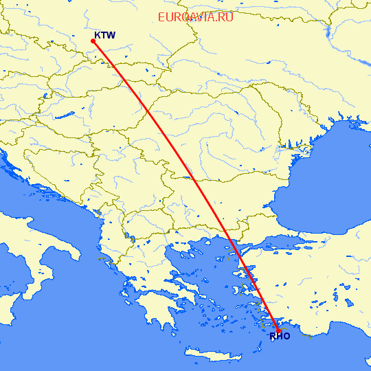перелет Катовице — Родос на карте