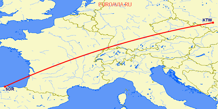 перелет Катовице — Сантандер на карте
