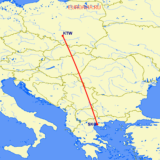 перелет Катовице — Салоники на карте