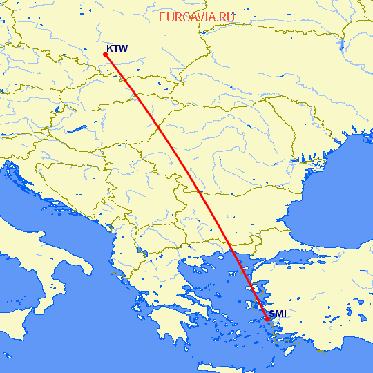 перелет Катовице — Samos на карте