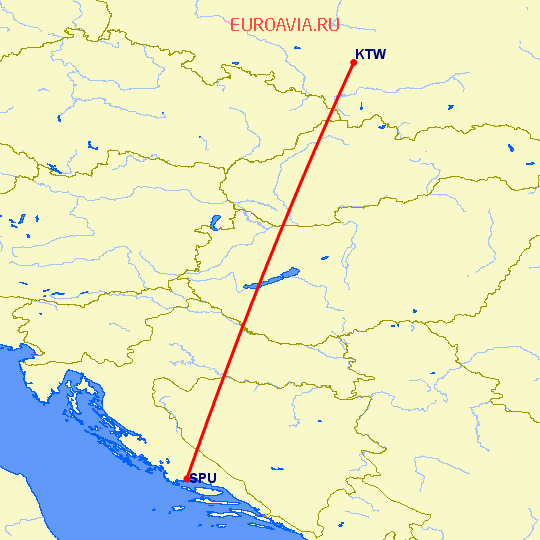 перелет Катовице — Сплит на карте